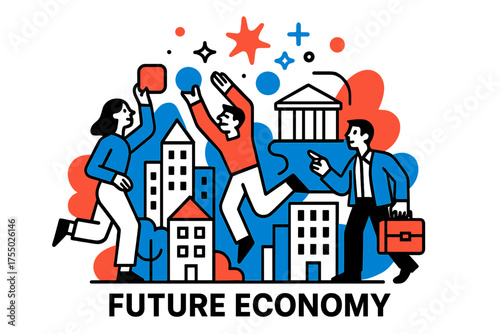 Futuristic Cityscape Vision. Future Economy. A glowing skyline with mixed public and private buildings, abstract floating spark and star icons symbolizing