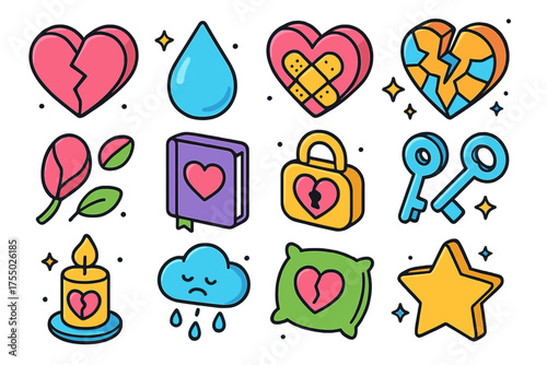 Broken Heart Icons. Broken Heart. Colorful isometric vector icons set of broken heart: cracked heart, teardrop, bandage, shattered glass, rose petal, diary,