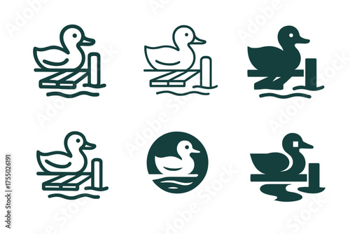Duck Pond Logos. duck pond. Set Logo of duck pond: wooden pier with mooring post. harmonious logo variations of the same emblematic concept, each