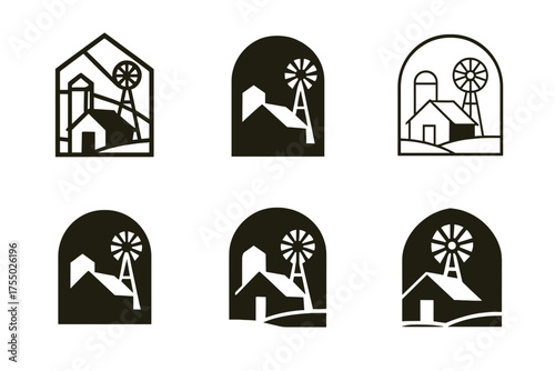 Farmhouse Emblem Logos. A rustic farmhouse with a windmill in the distance. Set Logo of A rustic farmhouse with a windmill in the distance: Silhouette of a