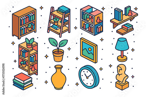 Colorful Bookshelf Icons. Decorative Bookshelves. Colorful isometric vector icons set of decorative bookshelves and stylish shelving units: wooden bookshelf,