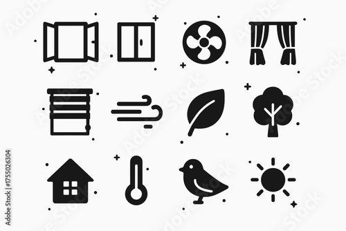 Ventilation Habits Icons. Ventilation habits. Solid icons set of Ventilation habits: open window, closed window, fan, curtains, blinds, breeze lines, leaf,