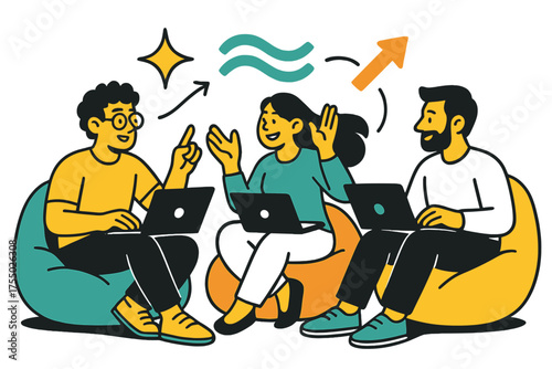 Teamwork in Motion. Casual collaboration. Glowing team sitting on beanbags with laptops, exchanging ideas. Floating icons of sparkle, wave, and arrow