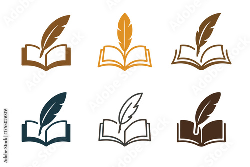 Life's New Chapter Logos. New Chapter in Life. Set Logo of New Chapter in Life: quill and book. harmonious logo variations of the same emblematic concept, each
