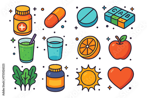 Colorful Supplement Icons. Supplement Pack. Colorful isometric vector icons set of supplement pack: vitamin bottle, capsule, tablet, pill organizer, smoothie