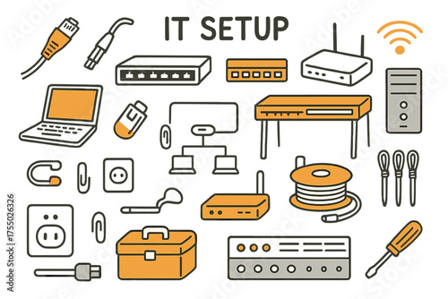 IT Setup Doodle. IT Setup. Hand-drawn doodle illustration Ethernet cable, RJ45 connector, network cable, router, switch, patch panel, laptop, server, desk, USB