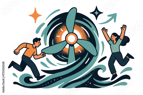 Glowing Renewable Energy. Current energy. Glowing turbine set in swirling water streams, harnessing movement. Floating icons of sparkle, star, and arrow