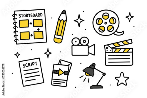 Storyboard Elements Doodle. Storyboard Sketches. Hand-drawn doodle illustration storyboard (colored), notebook (colored), pencil (colored), sparkle, star, film