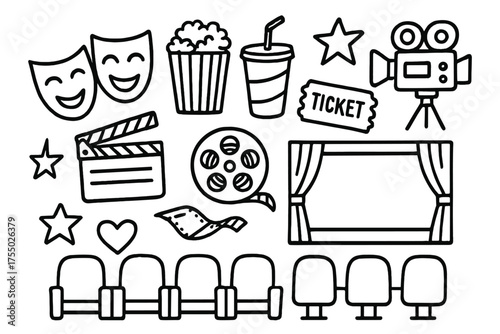 Entertainment Doodle Icons. Entertainment. Hand-drawn doodle illustration entertainment comedy mask, tragedy mask, popcorn, soda cup, ticket, film reel,