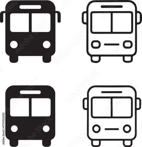 Isolated Bus icon set, bus, transport, travel, public, city, commute, vehicle, minimal black vector, solid and line outline, thin stroke, editable, modern minimal style