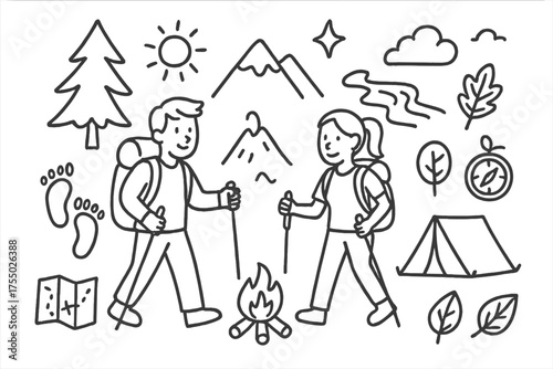 Hiking Adventure Doodles. Hiking couple. Hand-drawn doodle illustration hiking couple two people, backpack, mountain, tree, sun, star, footprint, tent,