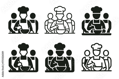 Cooking Class Logos. A group of people participating in a cooking class, learning new skills. Set Logo of A group of people participating in a cooking class,