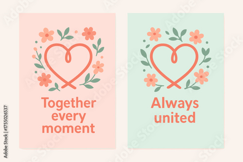 Intertwined Hearts Banners. Together every moment. Two vertical A6 banners with safe margins, centered composition, no elements touching edges, flat vector