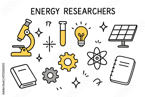Energy Research Symbols. Energy Researchers. Hand-drawn doodle illustration microscope (colored), test tube (colored), lightbulb (colored), solar panel,