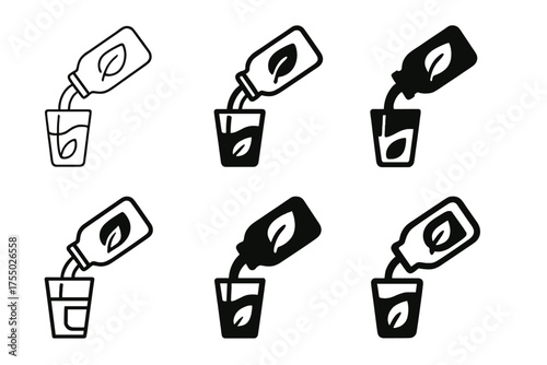 Water Pouring Logos. Pouring water into a glass. Set Logo of Pouring water into a glass: hand pouring from a reusable water bottle with leaf motif. harmonious