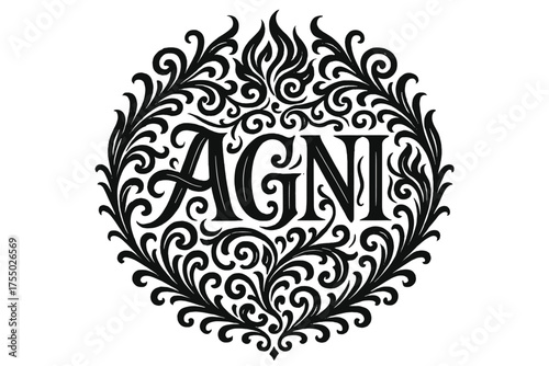 Agni's Ornamental Lettering. Agni God ? Flourish Lettering with sacred ornamental swashes and fiery curls, circular framed composition with symmetrical