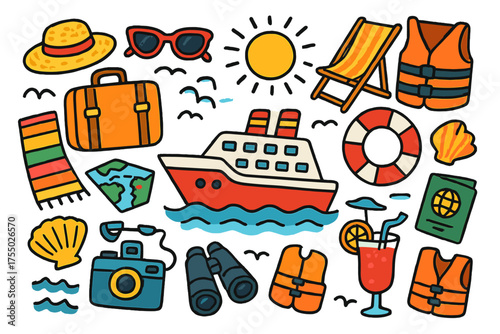 Cruise Vacation Essentials. Cruise. Colorful Hand-drawn doodle Children illustration Cruise ship, suitcase, sunglasses, hat, beach towel, deck chair, life