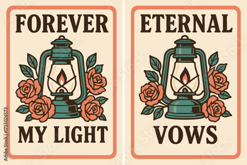 Retro Wedding Banners. Wedding. Two vertical A6 banners with safe margins, centered composition, no elements touching edges, retro style, coral and teal,