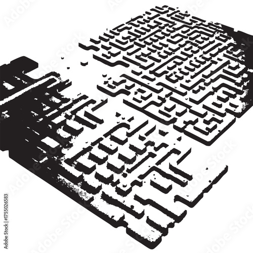 Geometric Maze Circuit Vector — Black and White 3D Illustration of Interconnected Grid Pattern with Abstract Depth and Structure