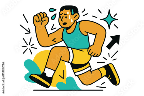 Dynamic Athletic Energy. Workout Sweat. A glowing athlete with sweat drops running down forehead, abstract spark and arrow icons symbolizing effort. Modern