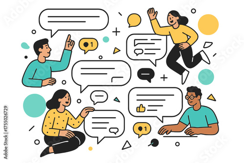 Forum Engagement Art. Forum Discussion. People posting in floating threads, speech bubbles with likes and responses, abstract shapes representing community