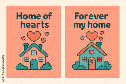 Home of Hearts. Home of hearts. Two vertical A6 banners with safe margins, centered composition, no elements touching edges, cartoon, coral and teal, cute