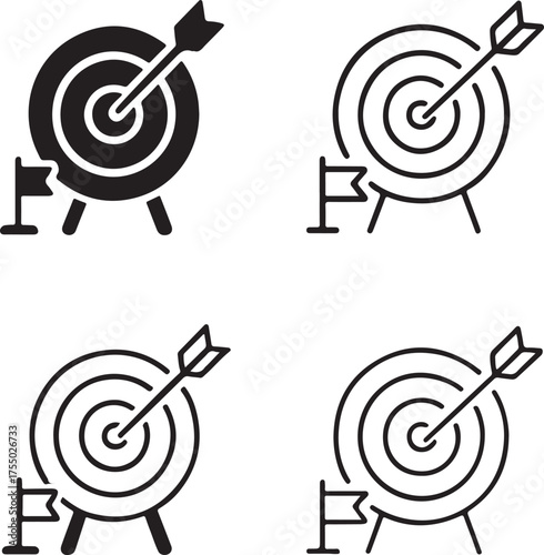 Isolated Goal icon set, goal, target, success, aim, achievement, focus, objective, minimal black vector, solid and line outline, thin stroke, editable, modern minimal style