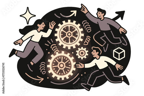 Intricate Time Precision. Time precision. Glowing intricate cogwheels and springs in macro perspective, radiating symmetry. Floating icons of sparkle, arrow,