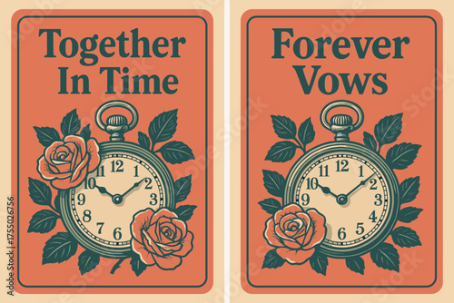 Retro Wedding Banners. Wedding. Two vertical A6 banners with safe margins, centered composition, no elements touching edges, retro style, coral and teal,
