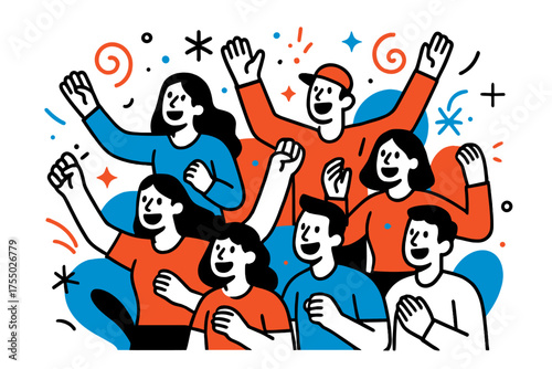Vibrant Parade Celebration. Celebration Crowd. A glowing parade audience in colorful clothes cheering, abstract floating spark and swirl icons symbolizing