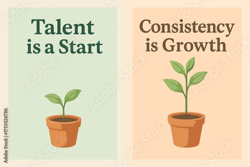 Talent and Consistency Banners. Growth. Two vertical A6 banners with safe margins, centered composition, no elements touching edges, pastel style, mint and