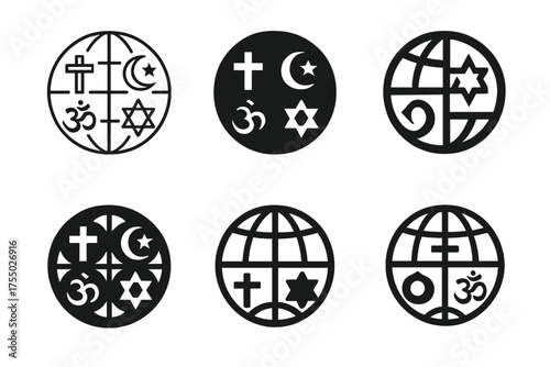 World Religions Logos. The History of Major World Religions. Set Logo of The History of Major World Religions: stylized globe with religious symbols.