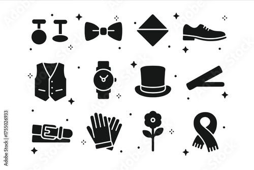 Black Tie Icons Grid. Black Tie Accessories. Solid icons set of Black Tie Accessories: cufflinks, bow tie, pocket square, formal shoes, vest, watch, top hat,