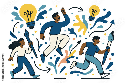 Imagination in Motion. Creativity sparks imagination. Floating lightbulbs, colorful paint splatters, and artistic brushes come together in a vibrant dance.
