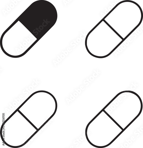 Isolated Drug icon set, drug, medicine, capsule, pharmaceutical, health, treatment, cure, minimal black vector, solid and line outline, thin stroke, editable, modern minimal style