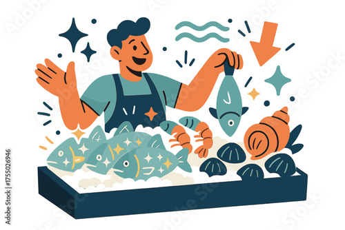 Vibrant Seafood Market. Seafood stall. Glowing fish and shellfish displayed on ice with vendor serving. Floating icons of sparkle, wave, and arrow symbolizing