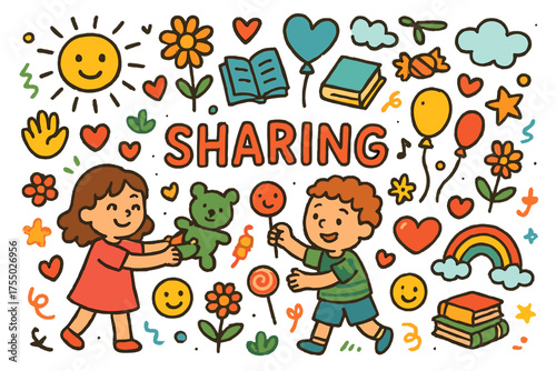 Sharing Joyful Play. Sharing. Colorful Hand-drawn doodle Children illustration children sharing toys, books, candy, smiley faces, hands, hearts, balloons,