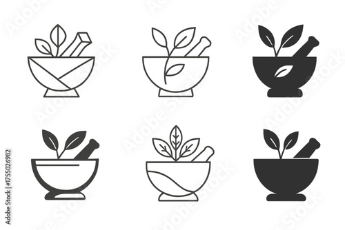Holistic Health Logos. Alternative medicine and holistic health. Set Logo of Alternative medicine and holistic health: mortar and pestle with herbs. harmonious