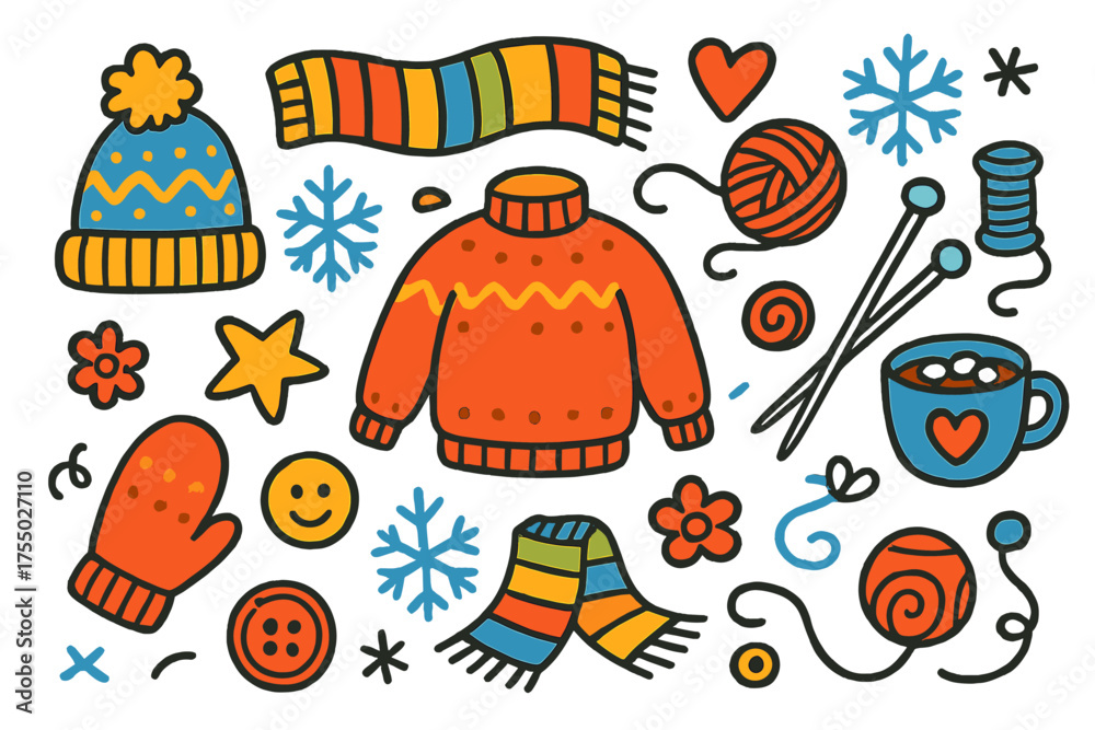 Fototapeta premium Winter Knitting Doodles. Winter Knitting. Colorful Hand-drawn doodle Children illustration scarf, yarn ball, knitting needles, mitten, hat, sweater, snowflake,