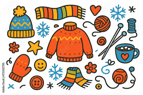 Winter Knitting Doodles. Winter Knitting. Colorful Hand-drawn doodle Children illustration scarf, yarn ball, knitting needles, mitten, hat, sweater, snowflake,