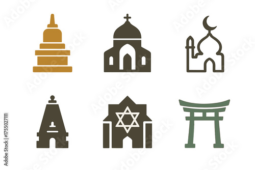 Religions Icon Grid. Mini cupcakes. A group of glowing mini cupcakes lined up with glowing sprinkles above. Floating icons of sparkle, cube, and