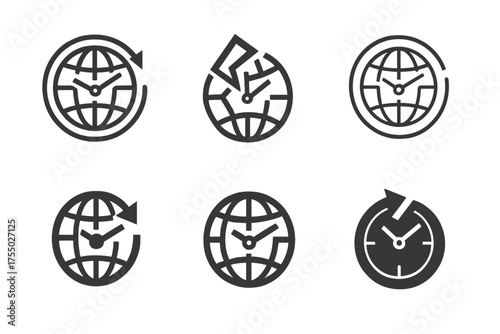 Clock Reset Logos. Resetting a digital clock. Set Logo of Resetting a digital clock: timezone selector globe with clock hands. harmonious logo variations of