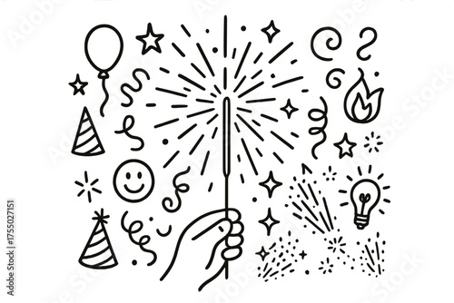 Celebration Sparkler Icons. Celebration sparkler. Hand-drawn doodle illustration celebration sparkler sparkler stick, spark burst, star, swirl, confetti,