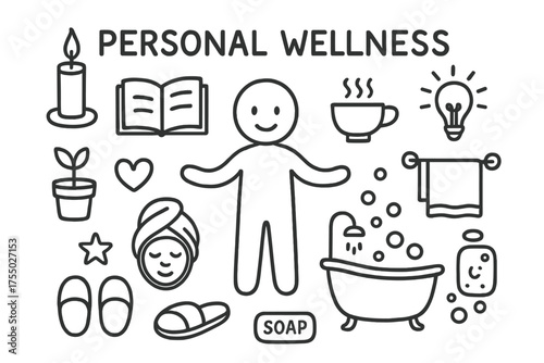 Doodle Wellness Icons. Personal wellness. Hand-drawn doodle illustration personal wellness person figure, candle, book, tea cup, bathtub, towel, face mask,