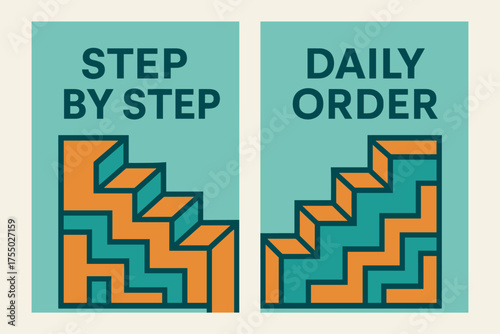 Geometric Staircase Banners. Determination. Two vertical A6 banners with safe margins, centered composition, no elements touching edges, geometric style,