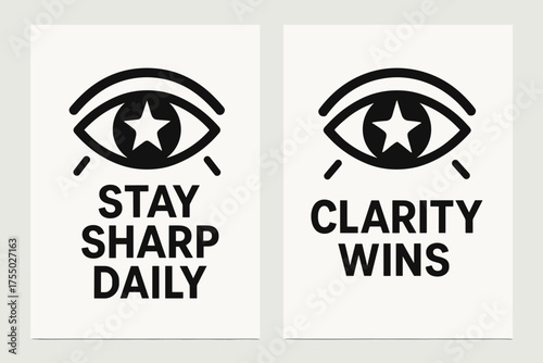 Eye of Clarity. Motivation. Two vertical A6 banners with safe margins, centered composition, no elements touching edges, flat vector design, black and white,