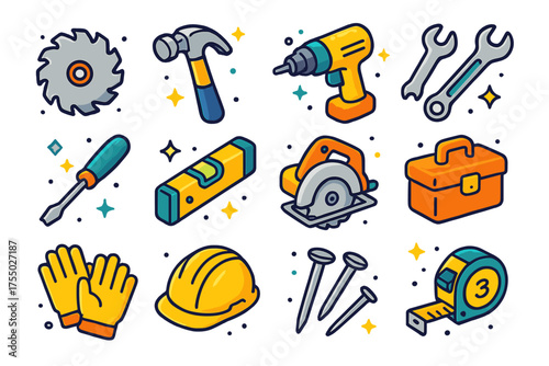 Colorful Construction Icon Set. Construction Tools. Colorful isometric vector icons set of construction tools: power saw blade, hammer, drill,