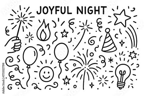 Joyful Night Doodles. Joyful night. Hand-drawn doodle illustration joyful night sparkler, hand, flame, spark burst, star, swirl, spark trail, confetti,