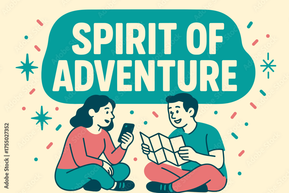 Obraz premium Adventure Spirit Banner. Spirit of Adventure banner, flat vector illustration, bold oversized text inside rounded blob, cartoon characters sitting