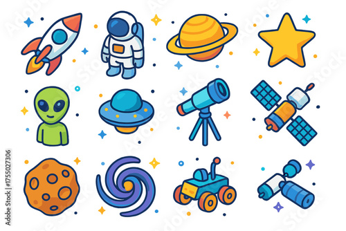 Colorful Space Icons. Outer Space. Colorful isometric vector icons set of outer space: rocket, astronaut, planet, star, alien, flying saucer, telescope,